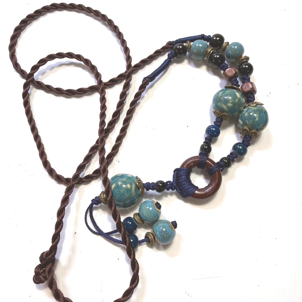 Boho Glazed Ceramic Bead Wood Ring Y-Drop Necklace Teal Brown Adjustable Cord